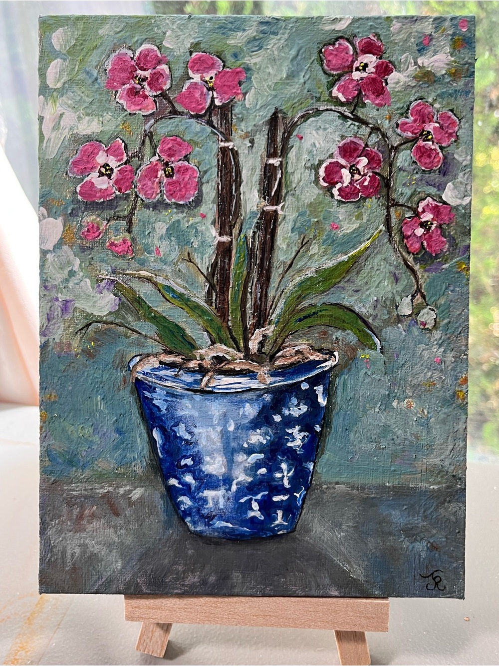 Hand-Painted Orchid Canvas with Blue Planter - Home Art